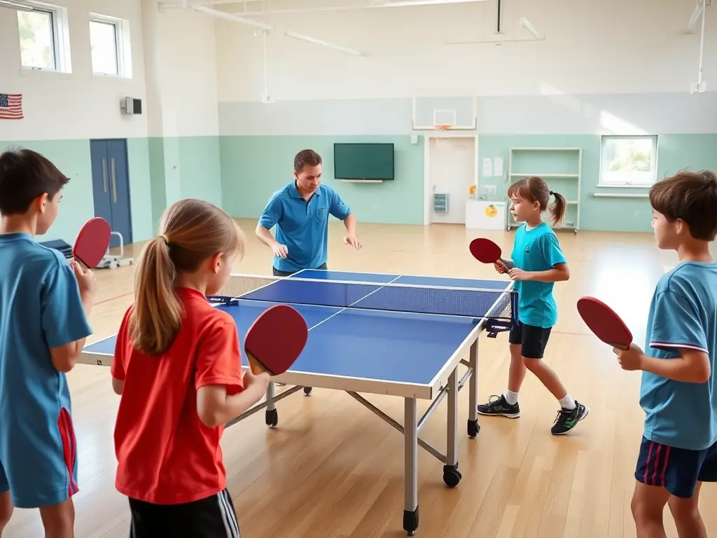 A dynamic shot of a table tennis training session at CERCLE PONGISTE RUTHENOIS, featuring a coach guiding players through various drills and techniques.
