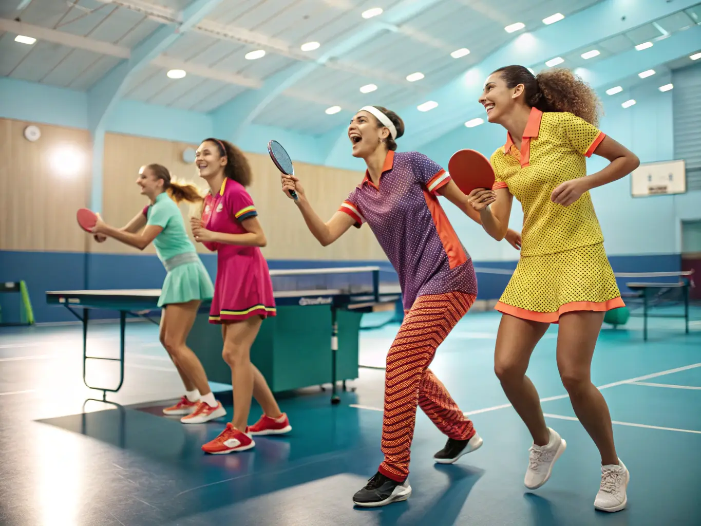 A group of table tennis players participating in a fun and engaging table tennis event, highlighting the social and community aspects of the sport.