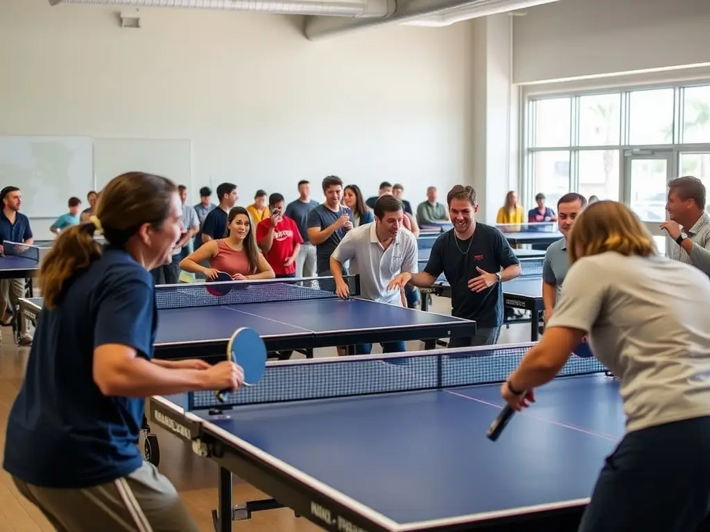 A group photo of CERCLE PONGISTE RUTHENOIS members participating in a community outreach program, teaching table tennis to local youth.